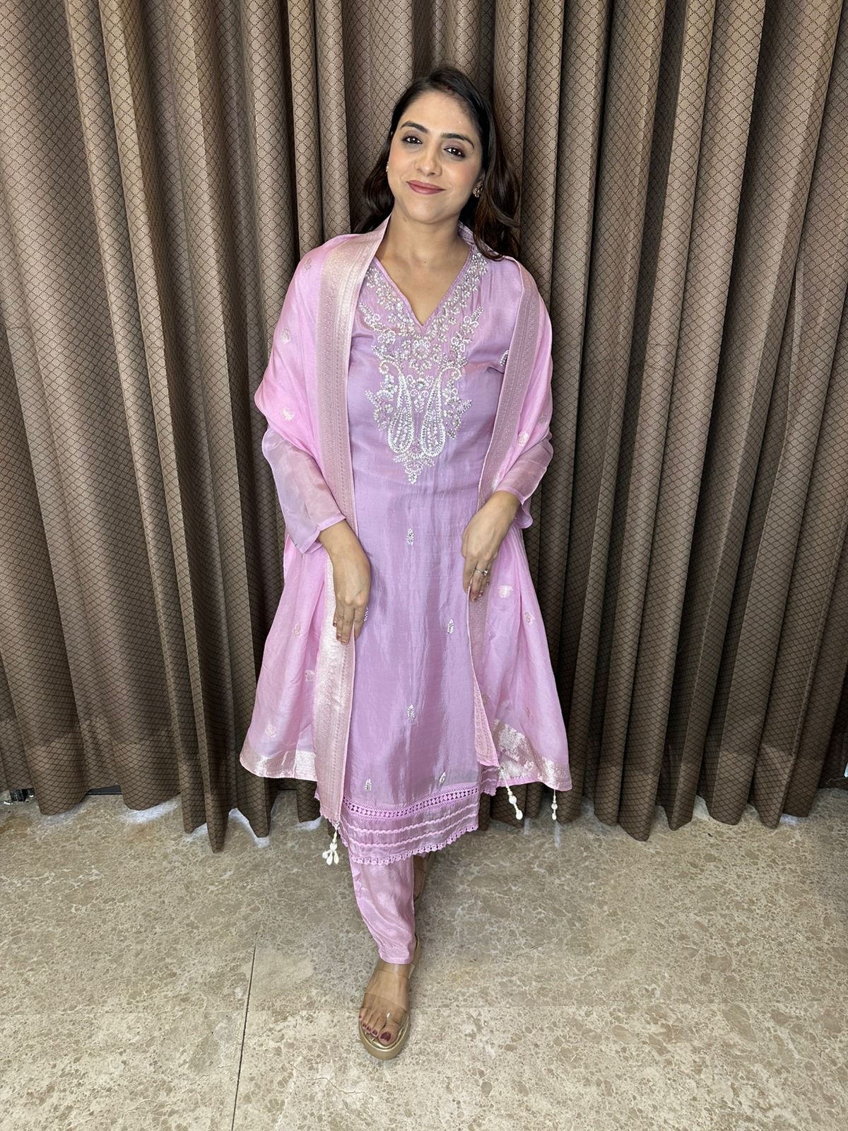 Blush Pink Embroidered Suit Set with Sheer Dupatta