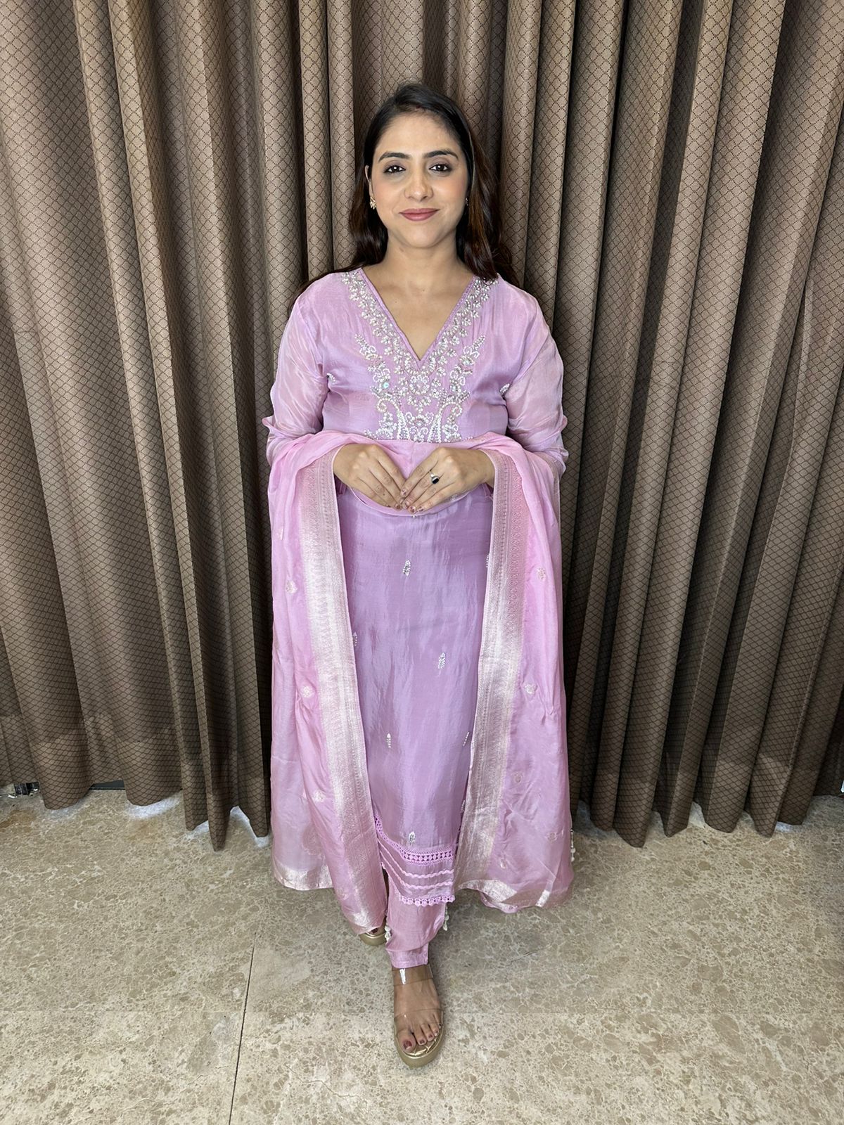 Blush Pink Embroidered Suit Set with Sheer Dupatta