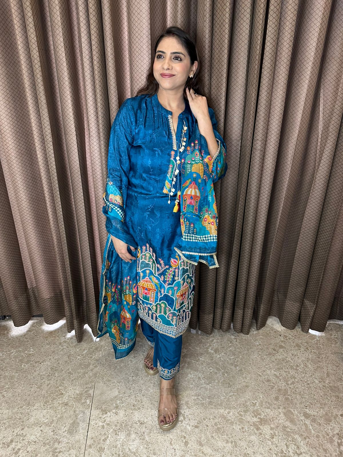 Deep Teal Blue Printed Kurta Set with Artistic Dupatta