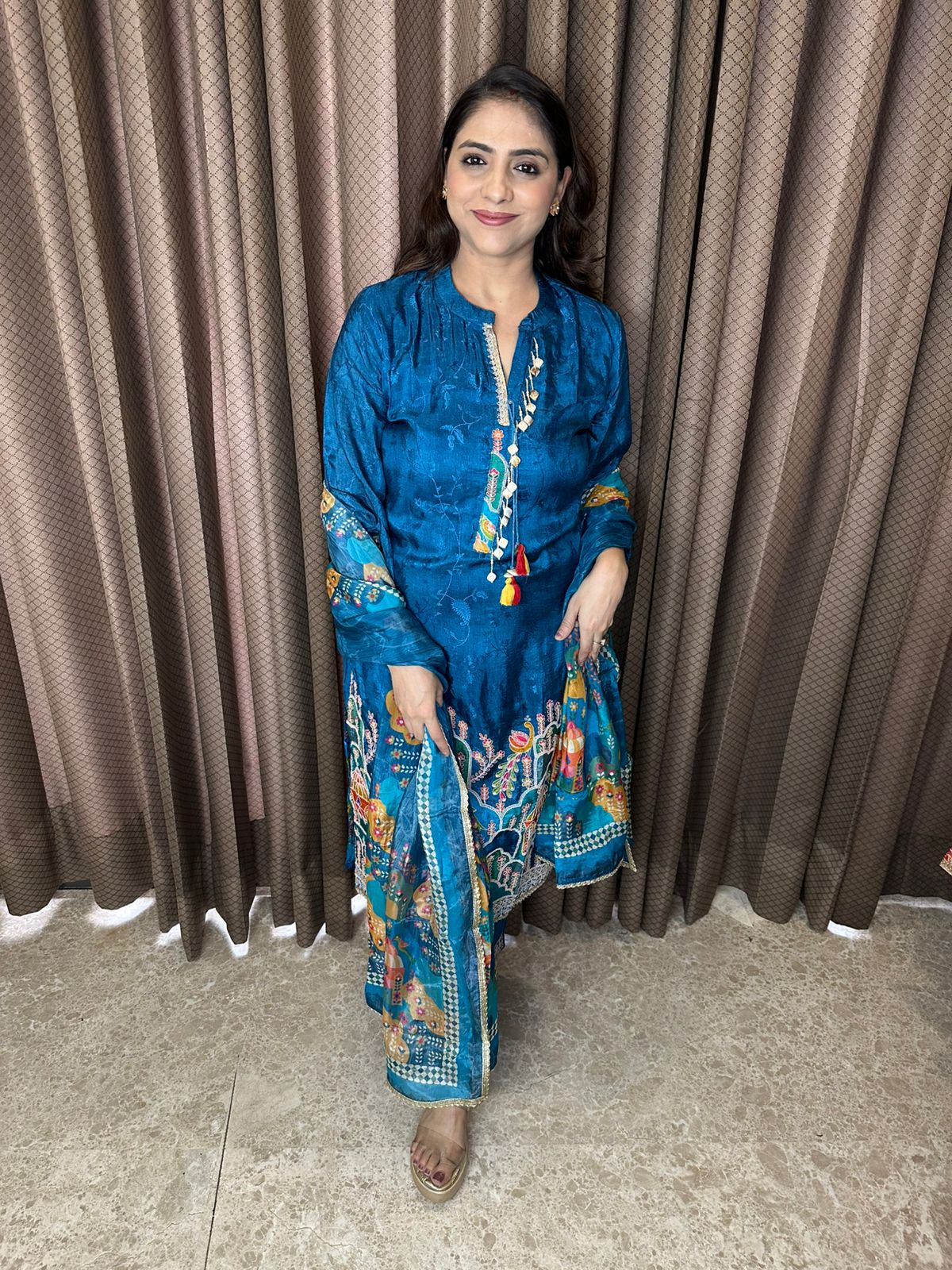 Deep Teal Blue Printed Kurta Set with Artistic Dupatta