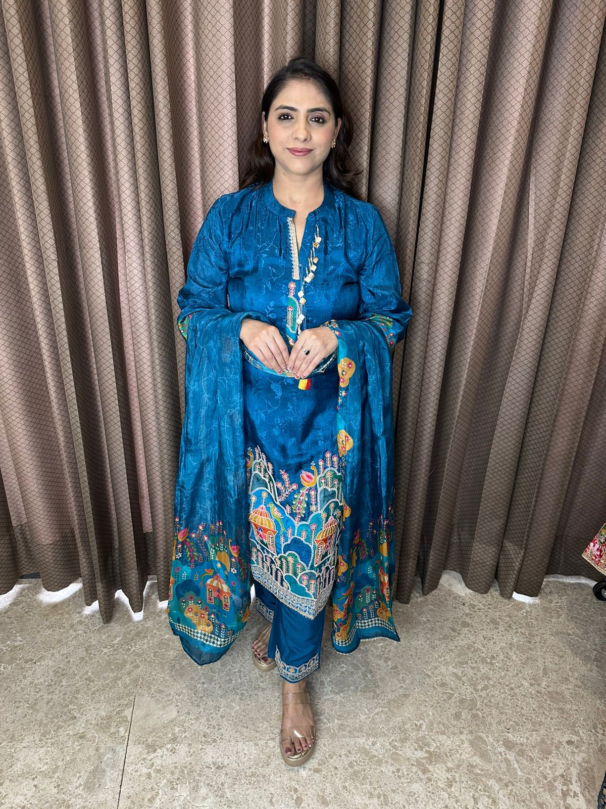 Deep Teal Blue Printed Kurta Set with Artistic Dupatta