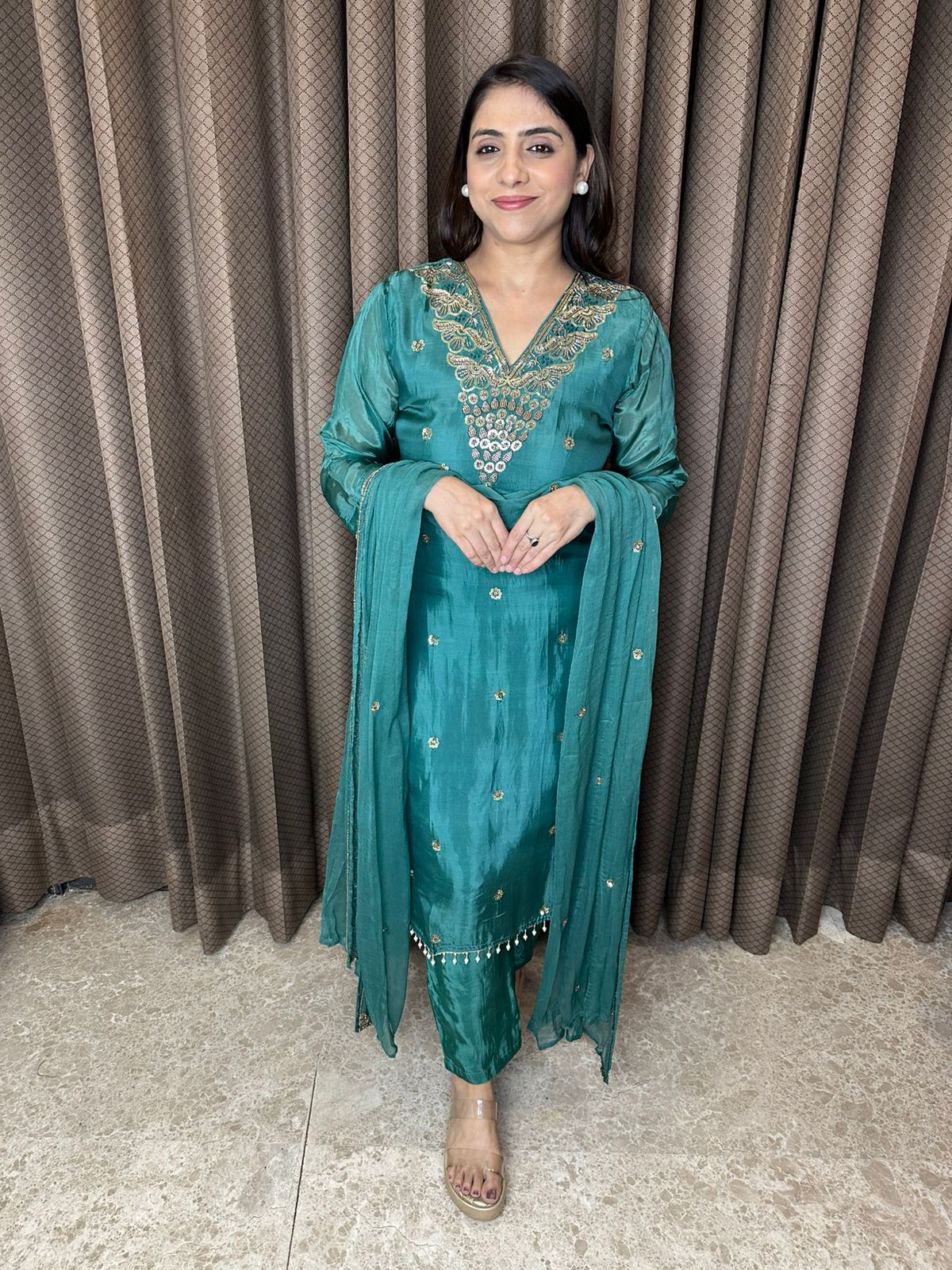 Emerald Green Mirror-Work Kurta Set with Dupatta