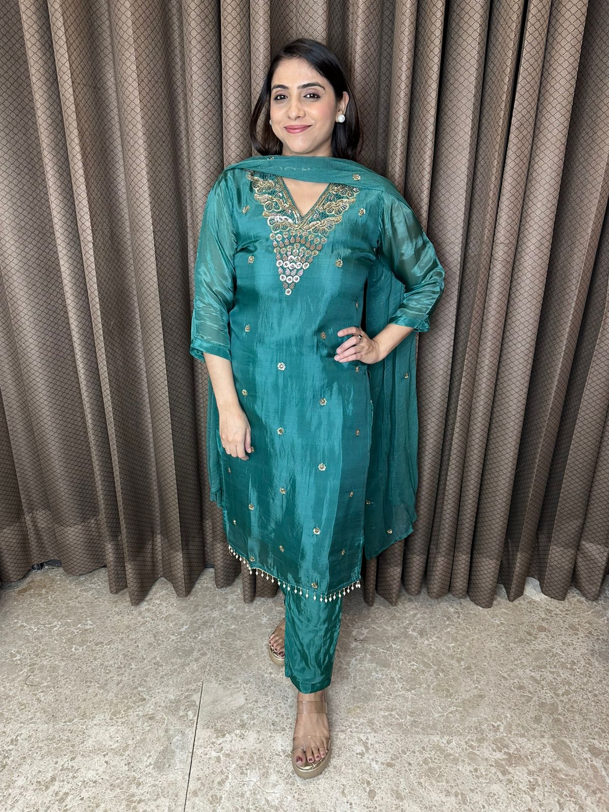 Emerald Green Mirror-Work Kurta Set with Dupatta