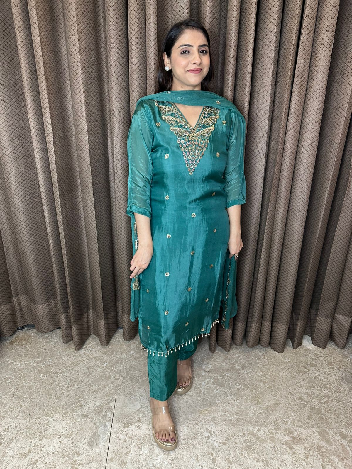 Emerald Green Mirror-Work Kurta Set with Dupatta