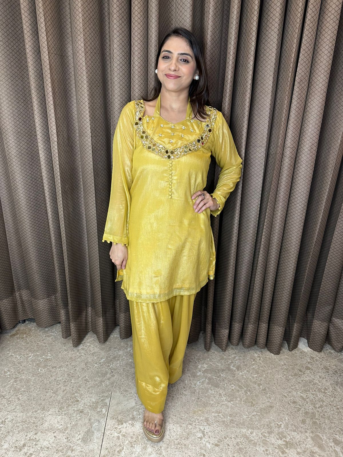 Mustard Yellow Mirror Work Farshi Suit Set with Dupatta