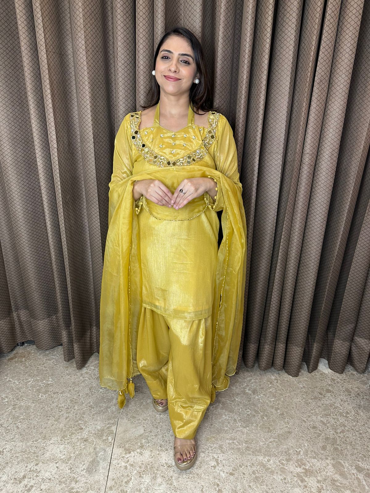 Mustard Yellow Mirror Work Farshi Suit Set with Dupatta