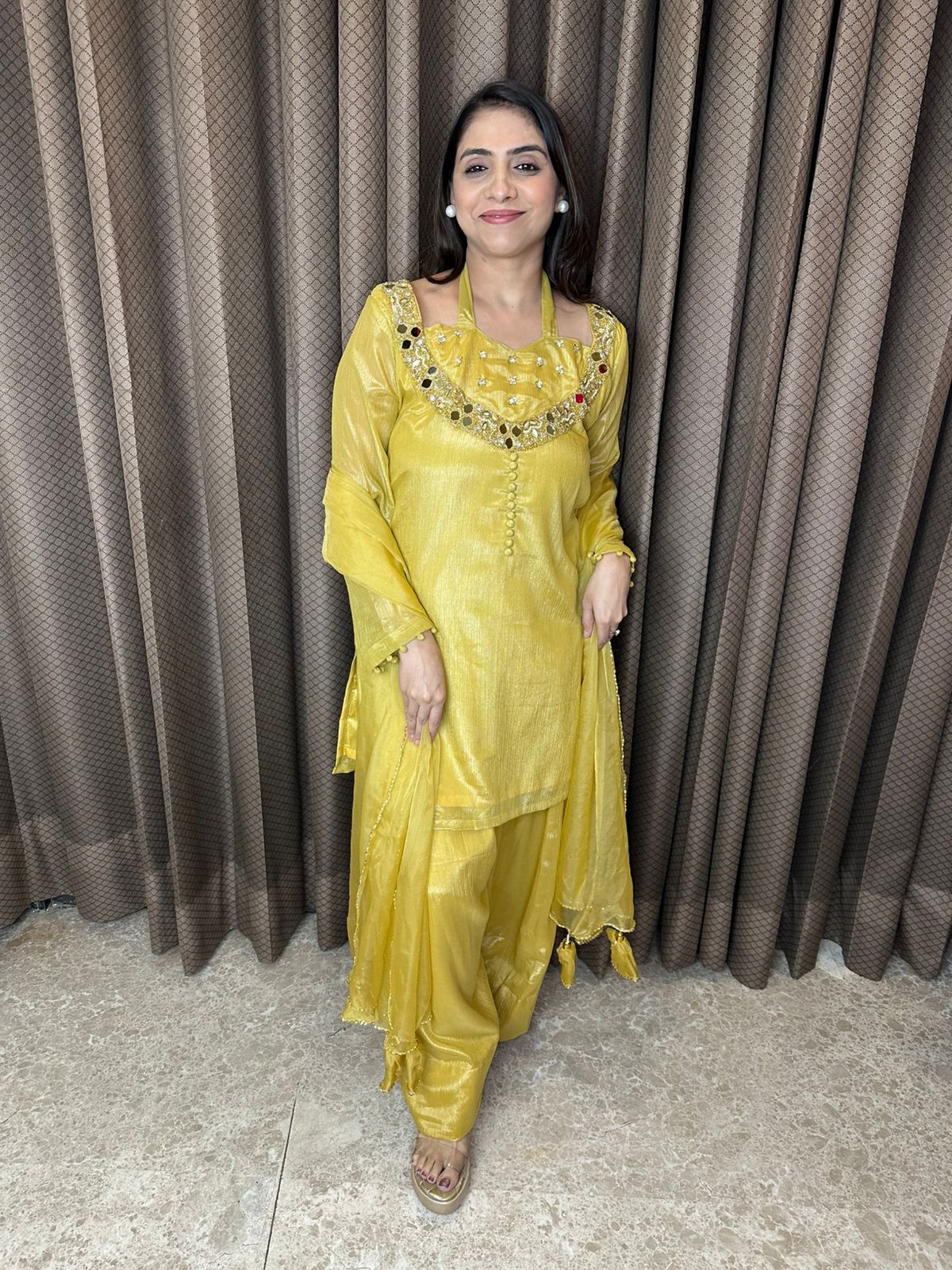 Mustard Yellow Mirror Work Farshi Suit Set with Dupatta