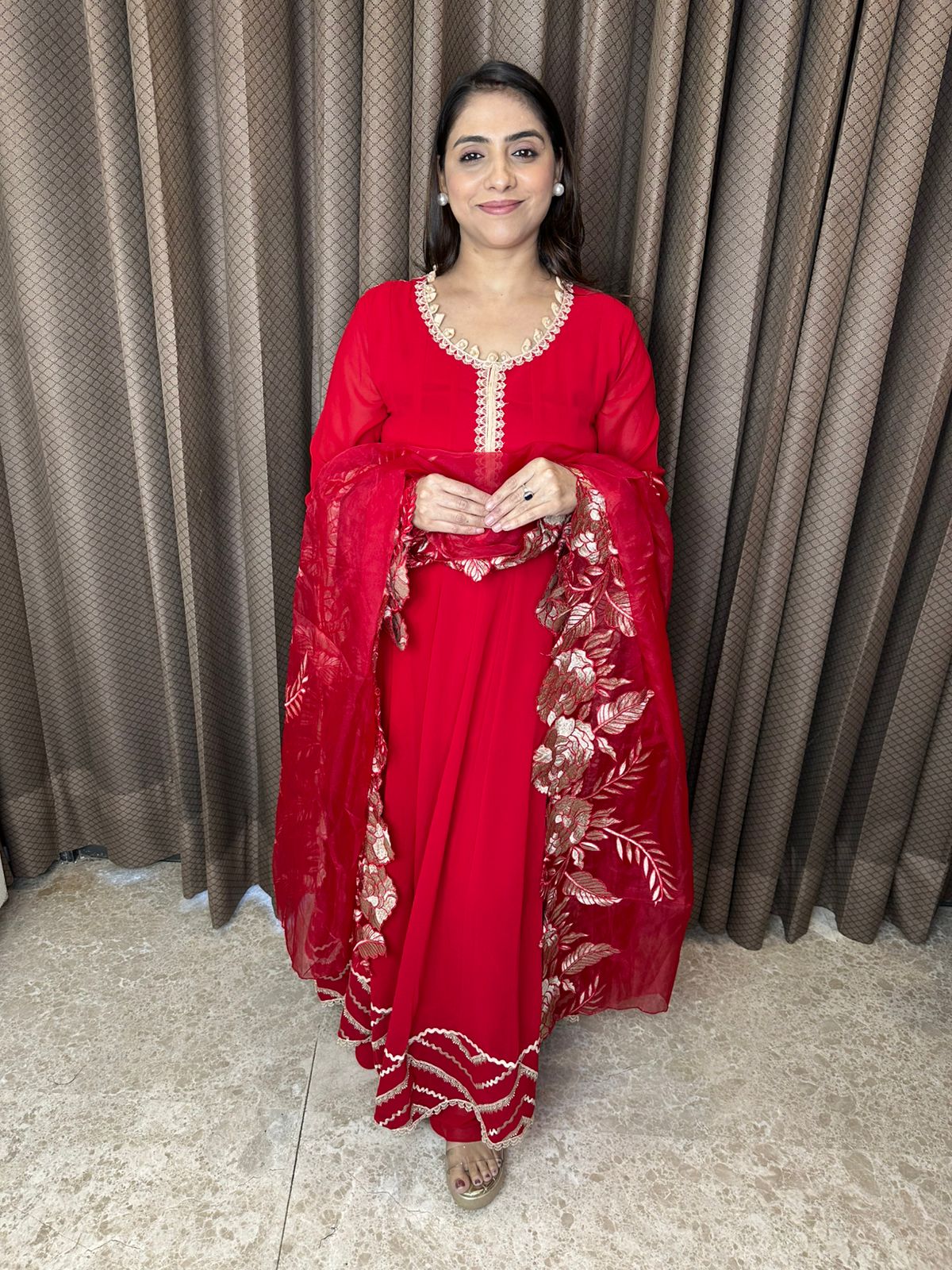 Red Anarkali Suit Set with Golden Embroidered Cut work Dupatta