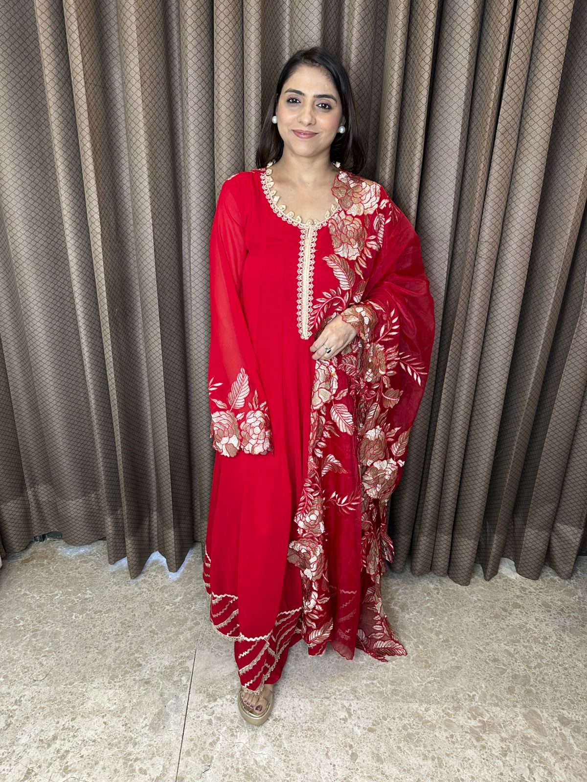 Red Anarkali Suit Set with Golden Embroidered Cut work Dupatta