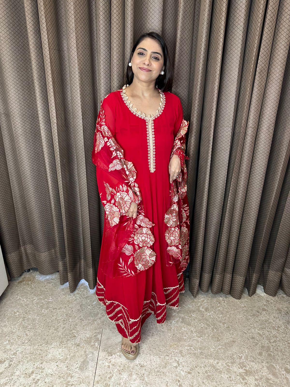 Red Anarkali Suit Set with Golden Embroidered Cut work Dupatta