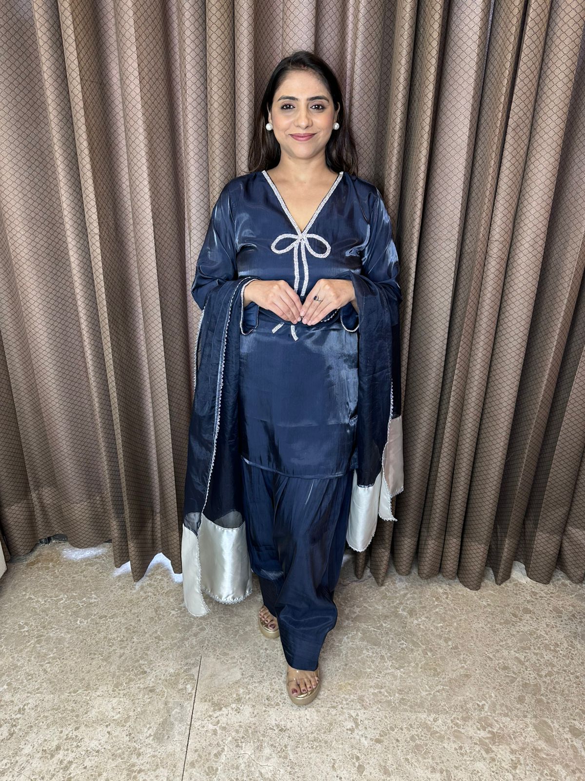 Navy Blue Shimmer Kurta with Farshi Salwar & Dupatta Set