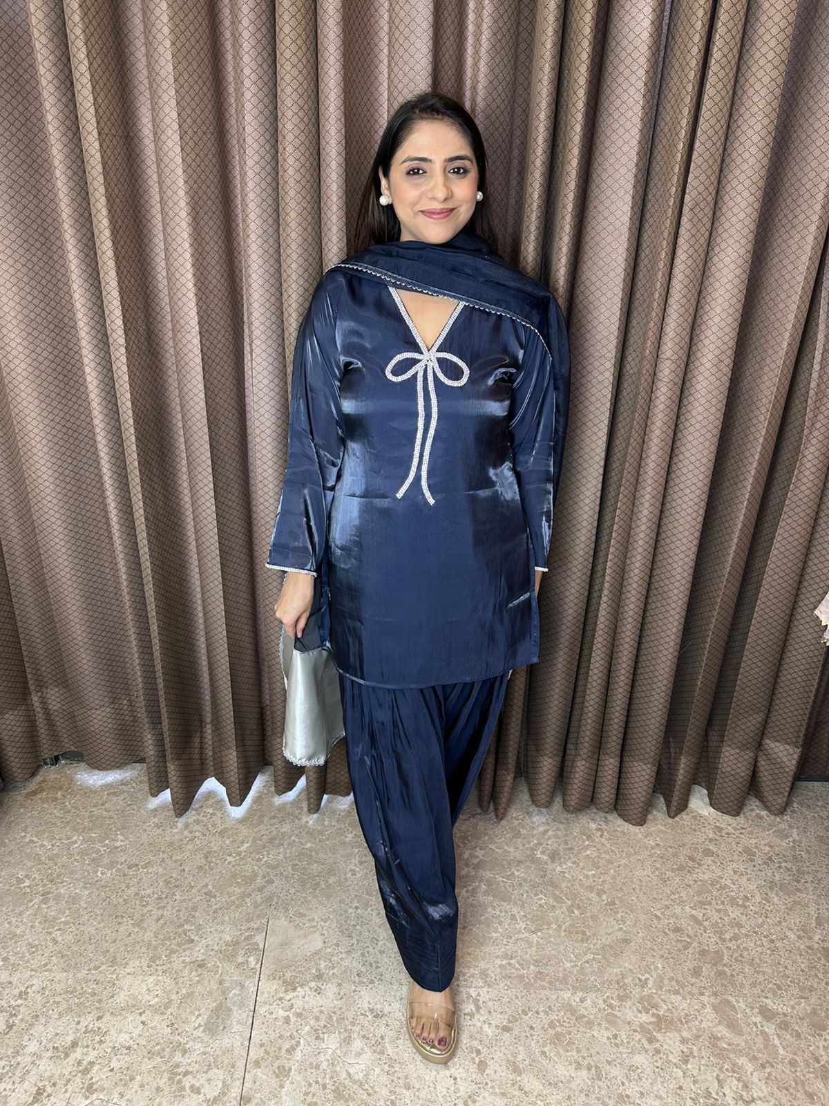 Navy Blue Shimmer Kurta with Farshi Salwar & Dupatta Set