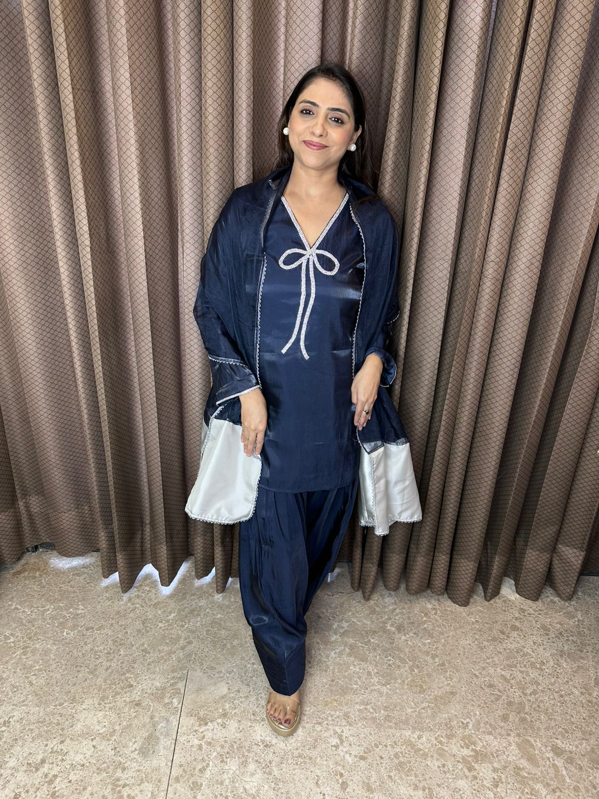 Navy Blue Shimmer Kurta with Farshi Salwar & Dupatta Set