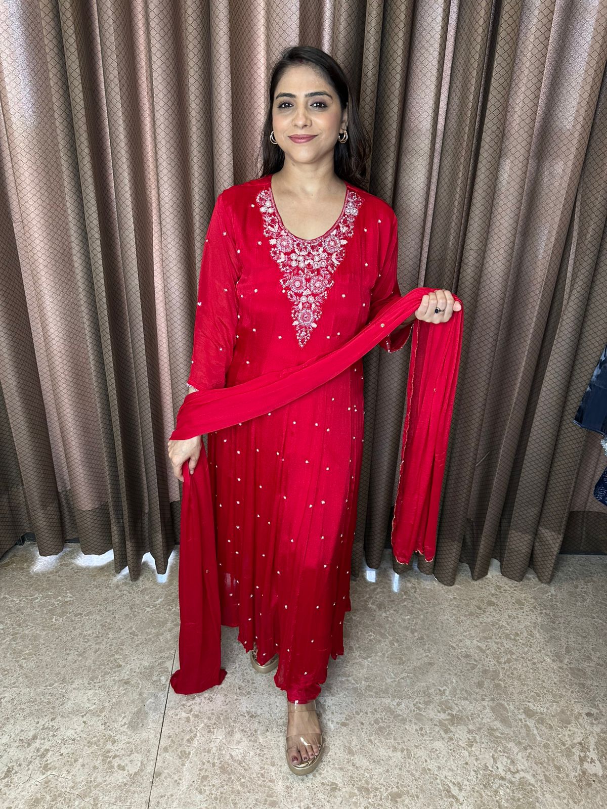 Red Embroidered Kurta Set with Sequin Detailing & Dupatta