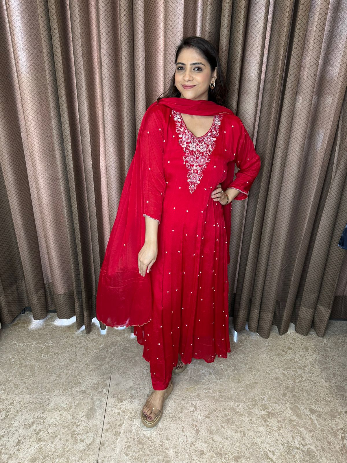 Red Embroidered Kurta Set with Sequin Detailing & Dupatta