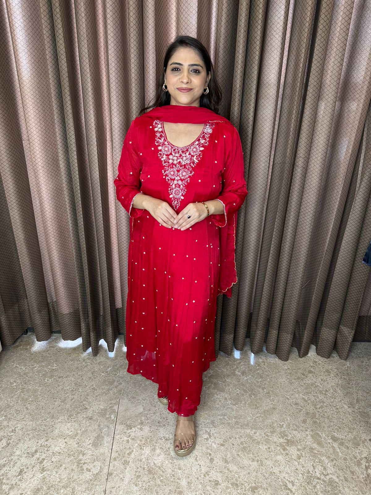 Red Embroidered Kurta Set with Sequin Detailing & Dupatta