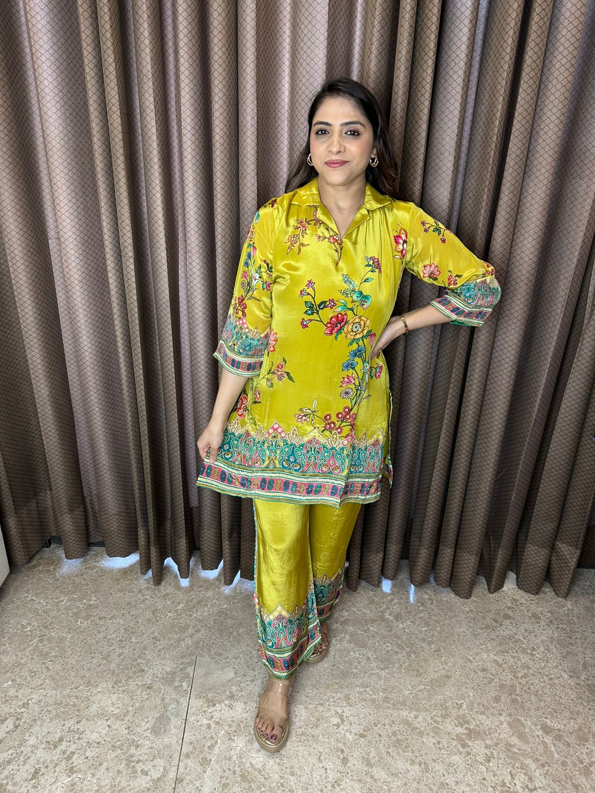 Mustard Yellow Floral Printed Co-ord Set with Contrast Borders