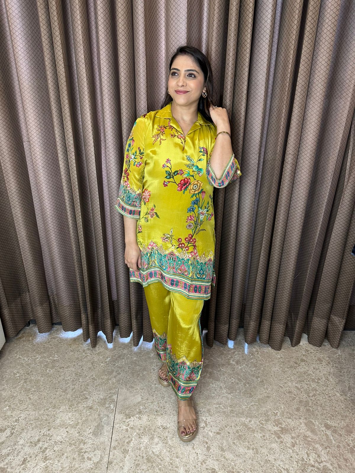 Mustard Yellow Floral Printed Co-ord Set with Contrast Borders