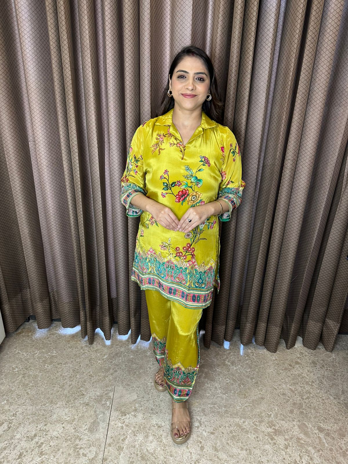 Mustard Yellow Floral Printed Co-ord Set with Contrast Borders