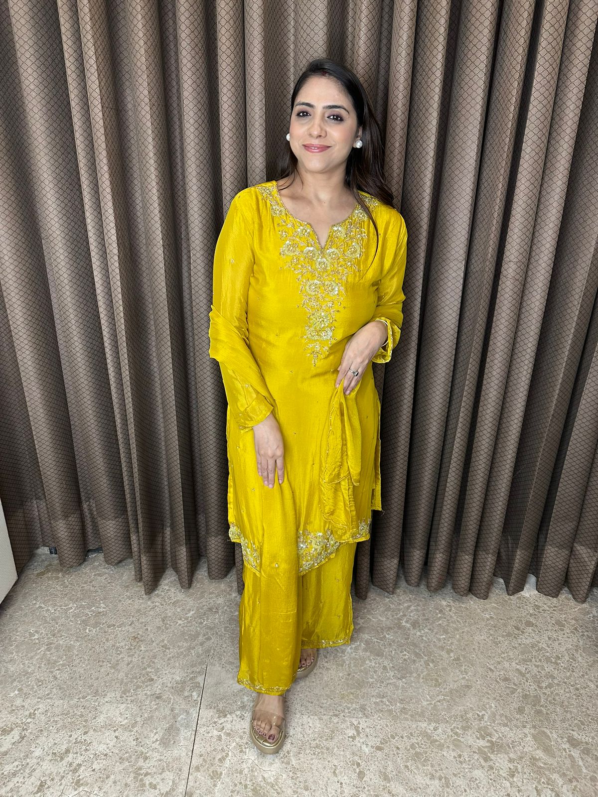 Mustard Yellow Embroidered Straight Suit Set with Dupatta