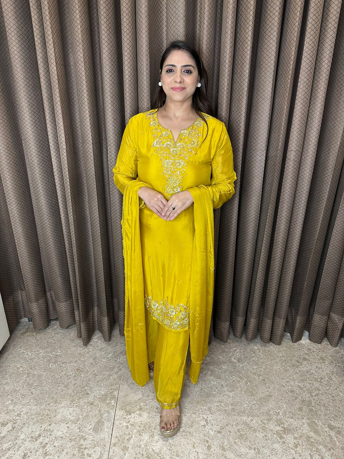 Mustard Yellow Embroidered Straight Suit Set with Dupatta