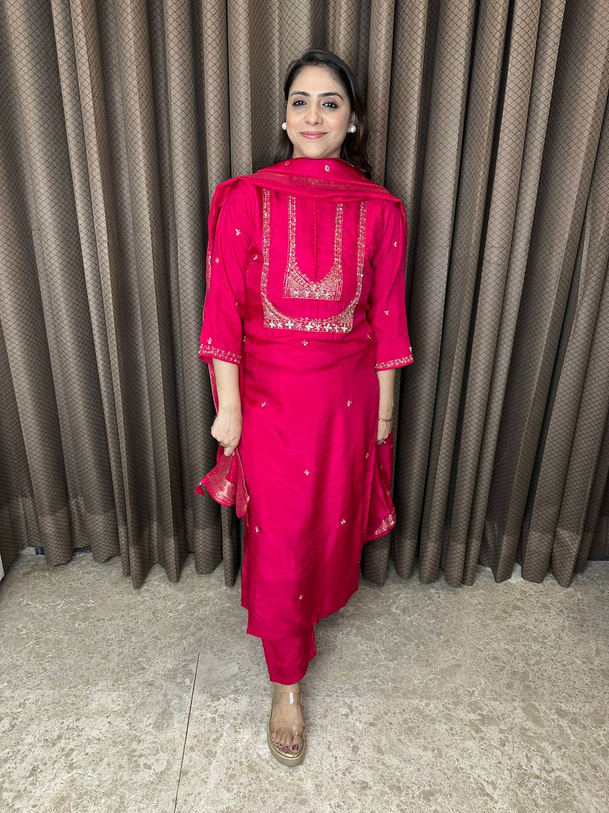 Rani Pink Embroidered Straight Kurta Set with Dupatta