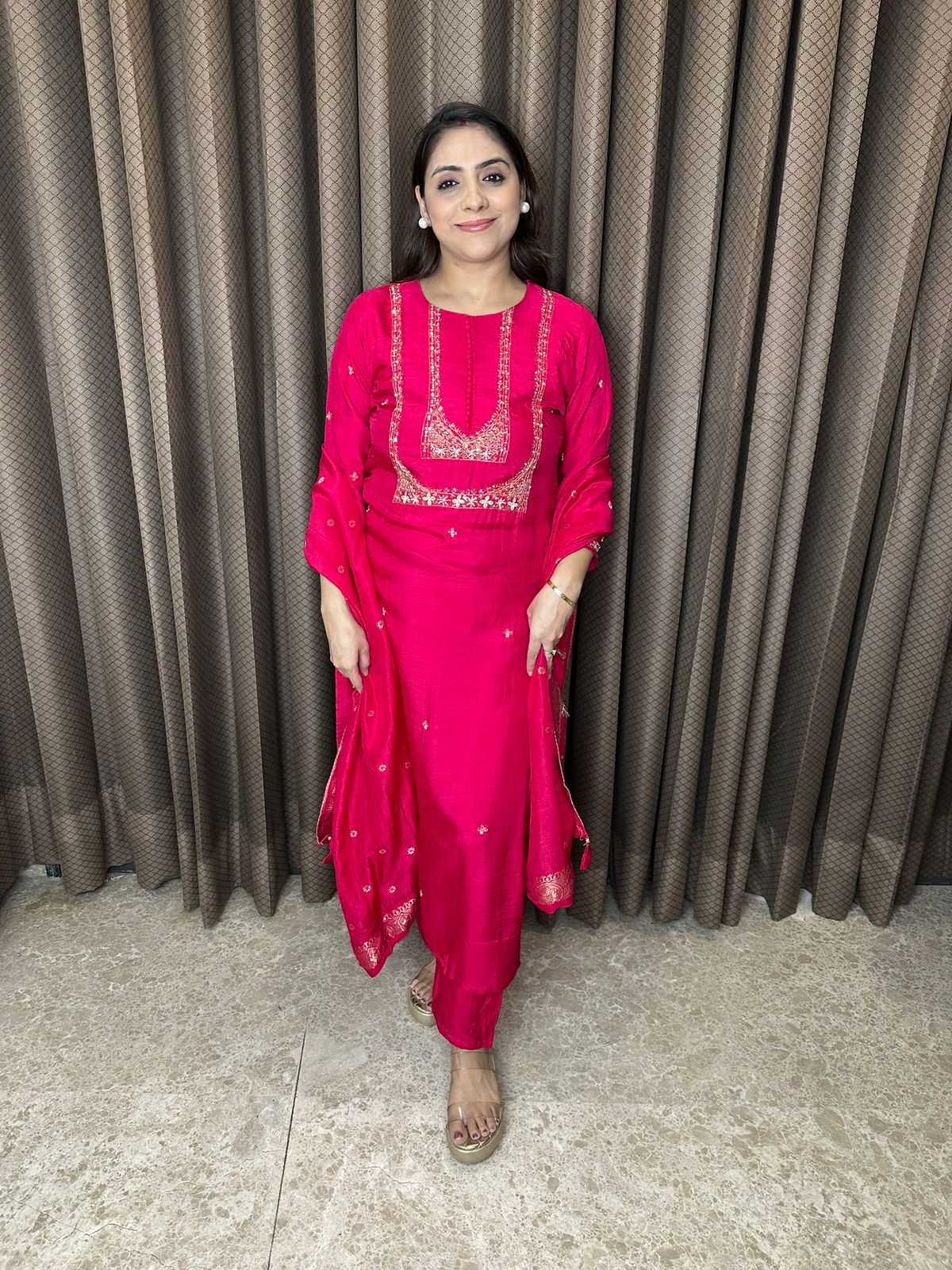 Rani Pink Embroidered Straight Kurta Set with Dupatta