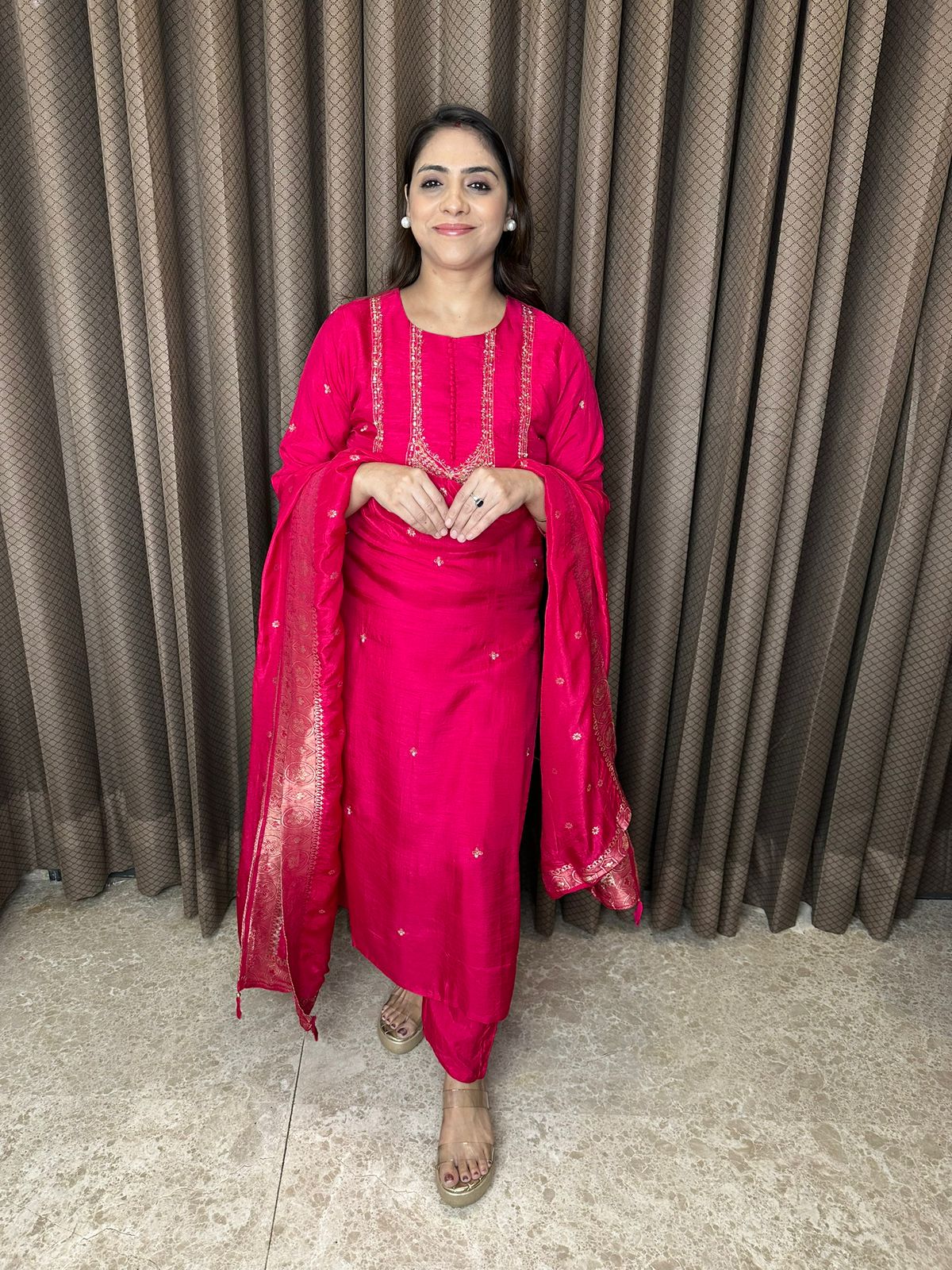 Rani Pink Embroidered Straight Kurta Set with Dupatta