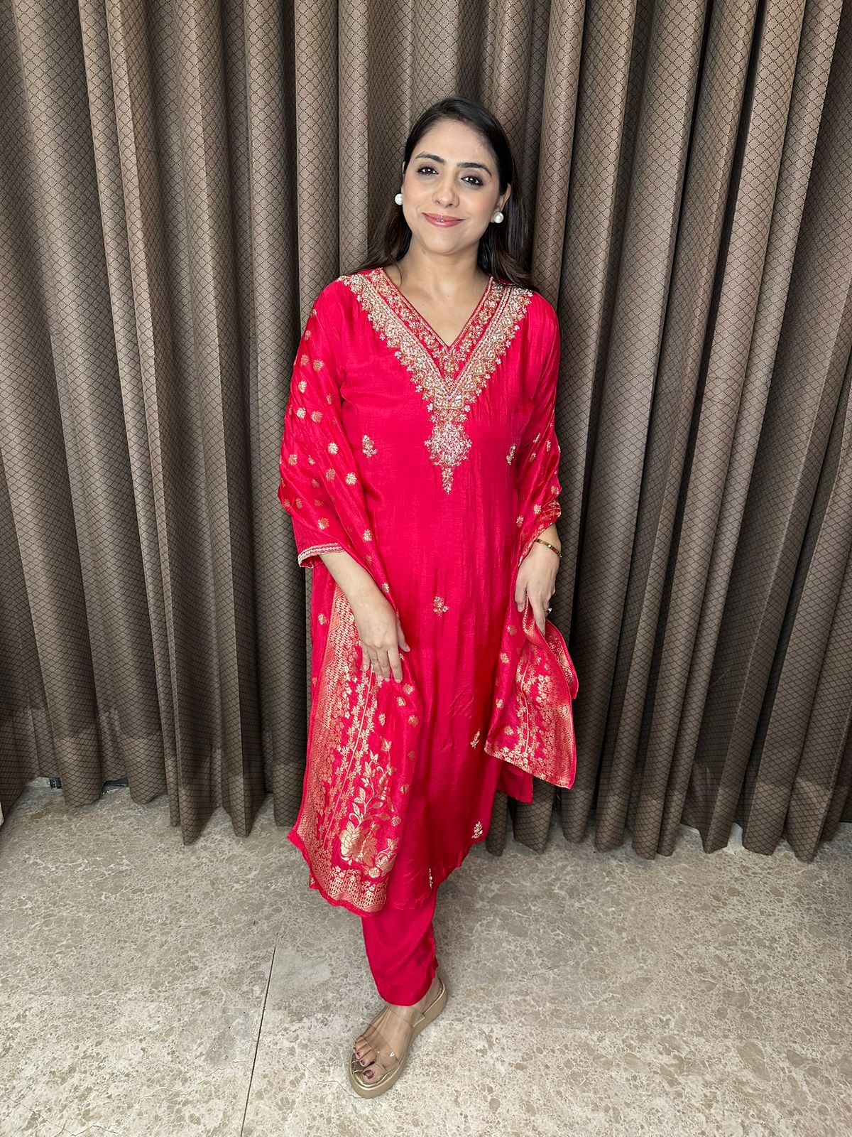 Crimson Red Embroidered Kurta Set with Banarsi Dupatta