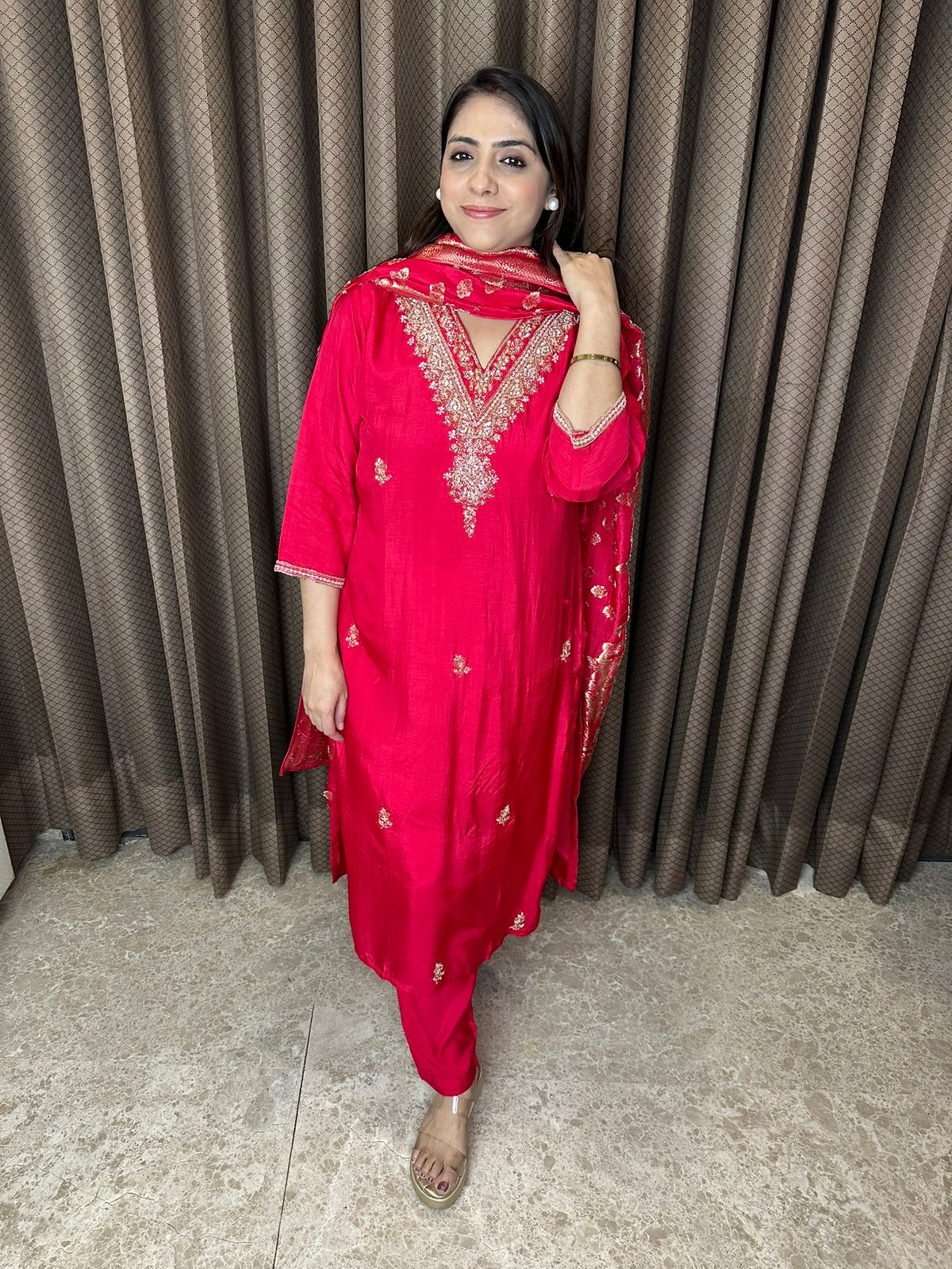 Crimson Red Embroidered Kurta Set with Banarsi Dupatta