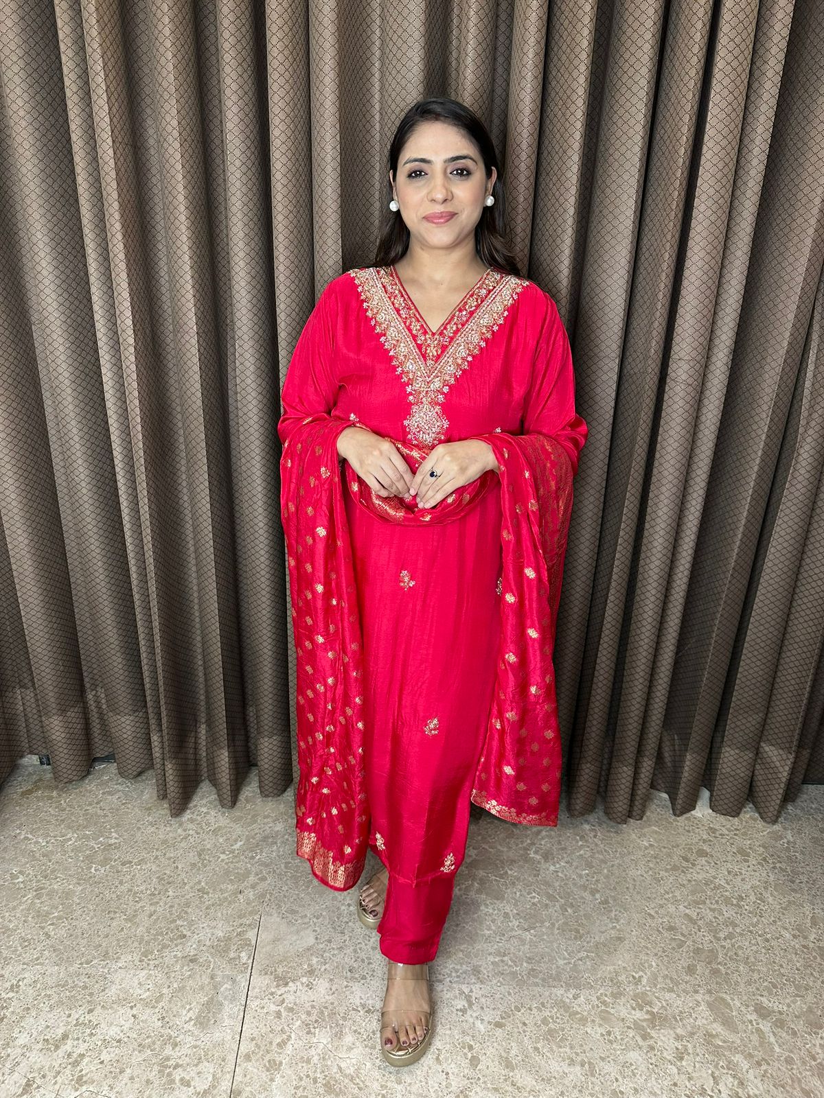 Crimson Red Embroidered Kurta Set with Banarsi Dupatta