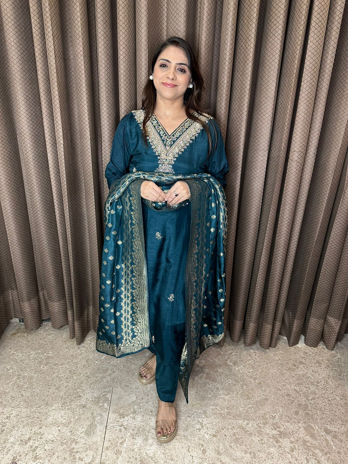 Teal Blue Embroidered Kurta Set with Banarsi Dupatta