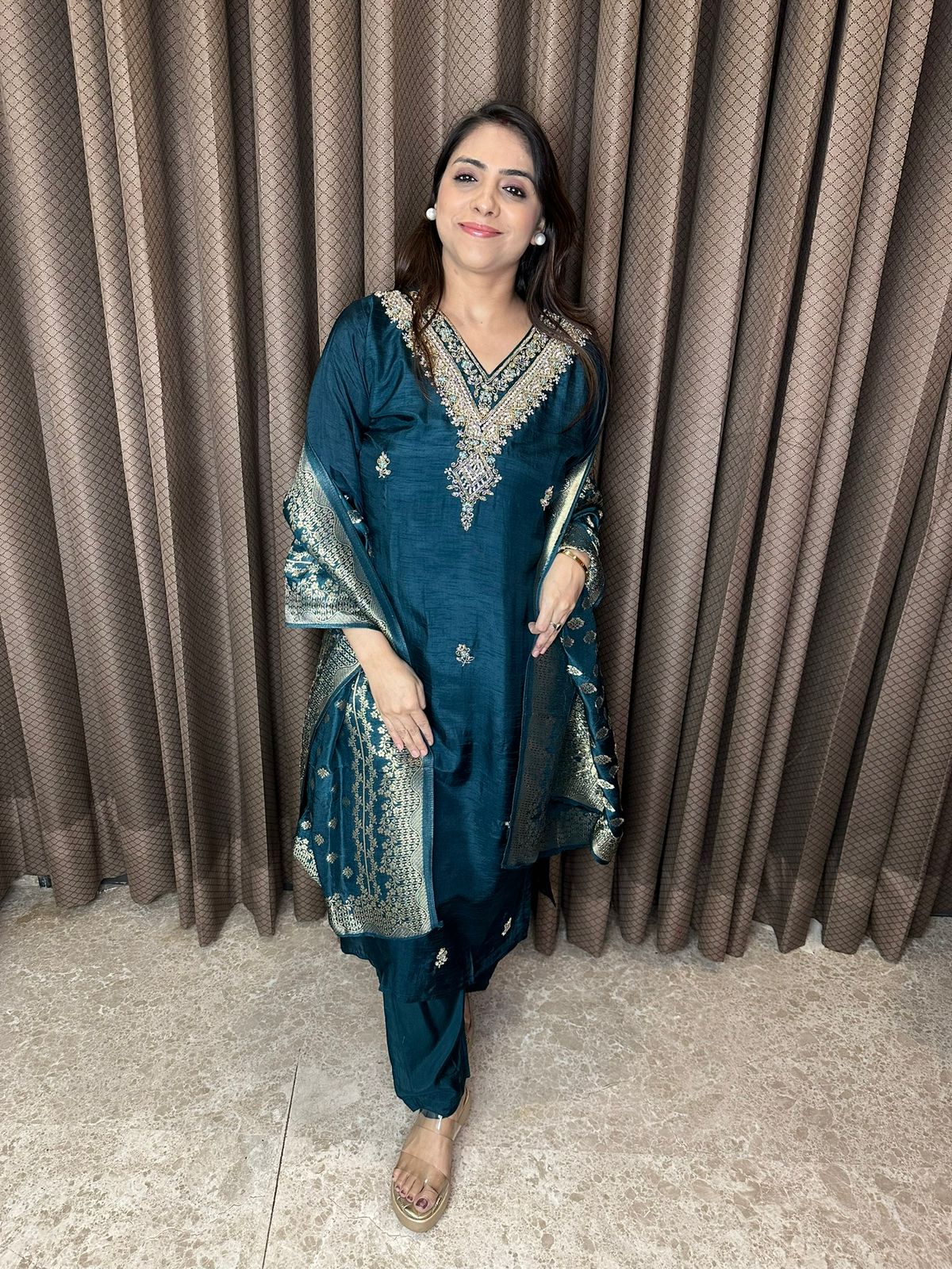 Teal Blue Embroidered Kurta Set with Banarsi Dupatta