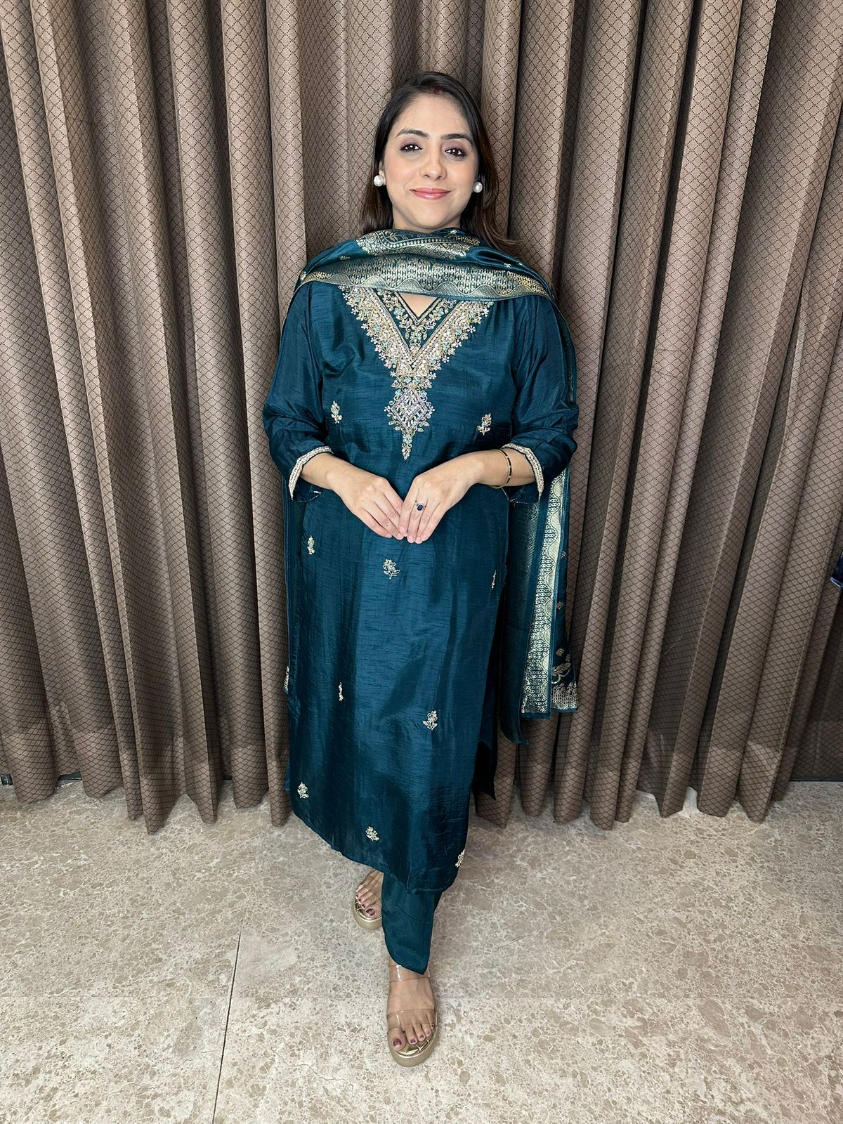 Teal Blue Embroidered Kurta Set with Banarsi Dupatta