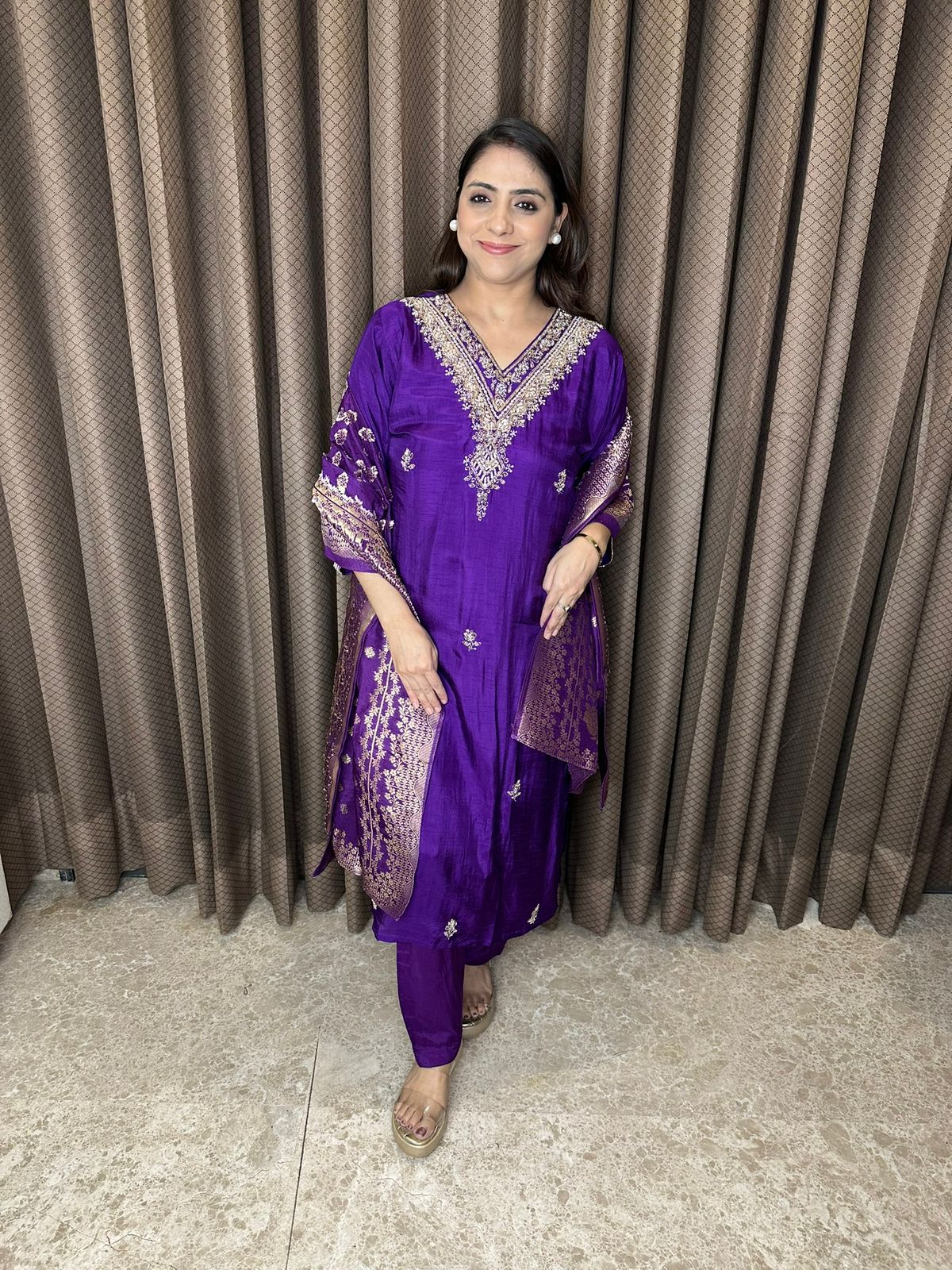 Royal Purple Embroidered Kurta Set with Banarsi Dupatta