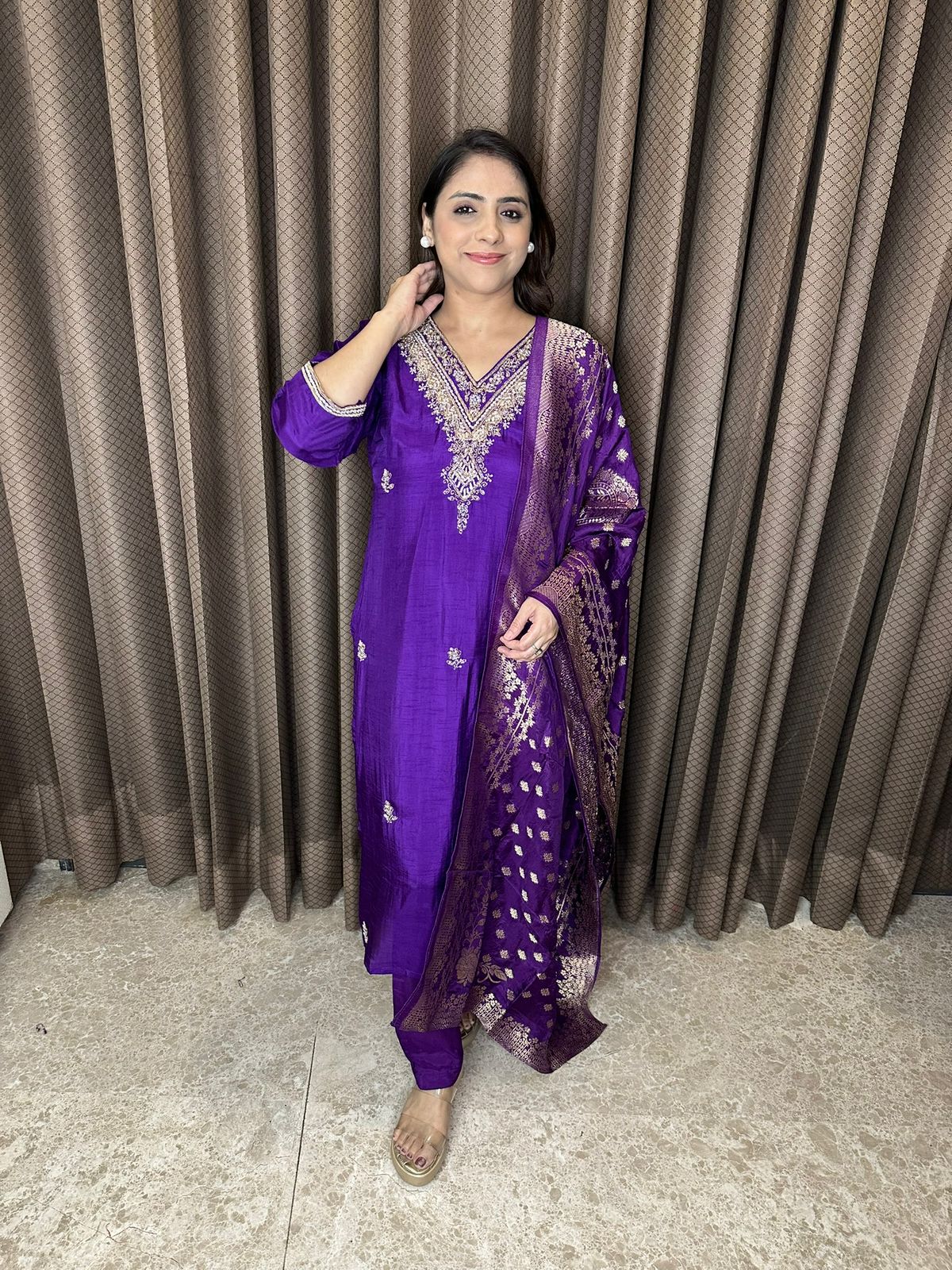 Royal Purple Embroidered Kurta Set with Banarsi Dupatta