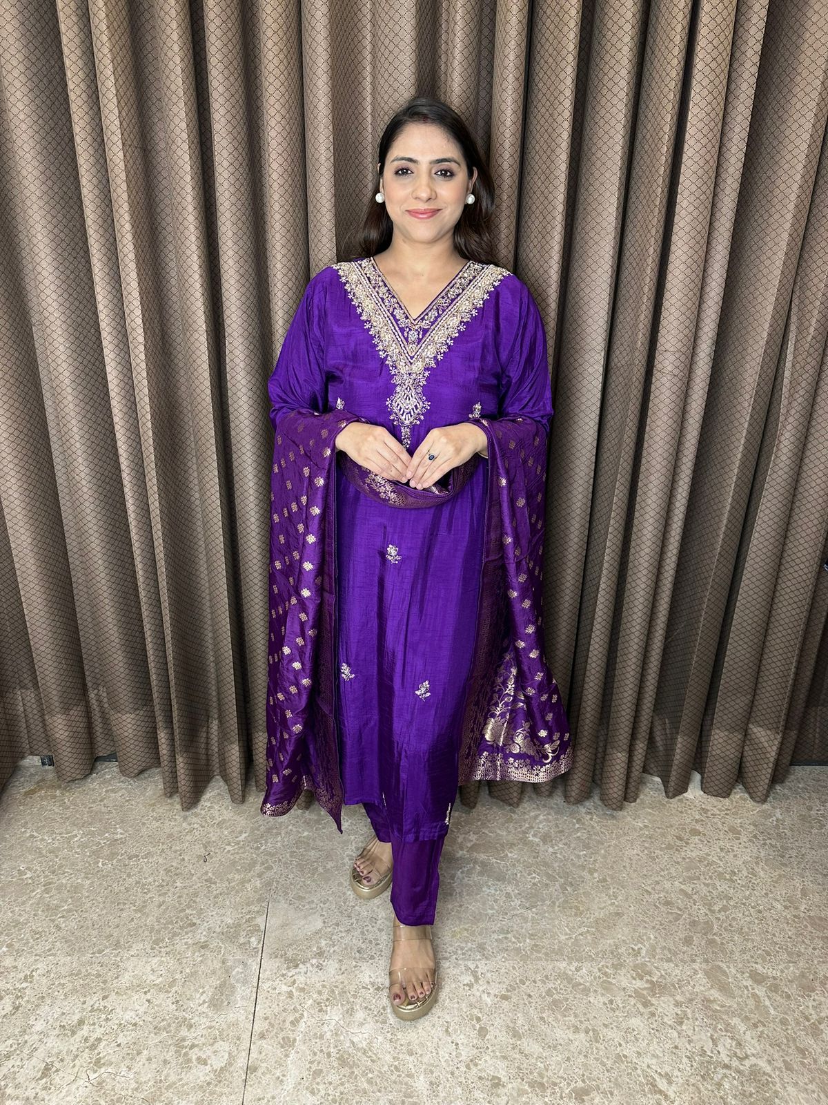 Royal Purple Embroidered Kurta Set with Banarsi Dupatta