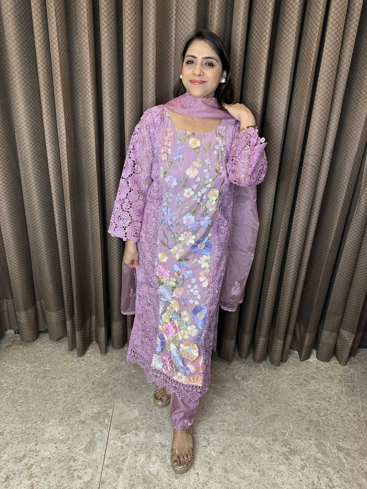 Lavender Floral Embroidered Lace Kurta Set with Dupatta