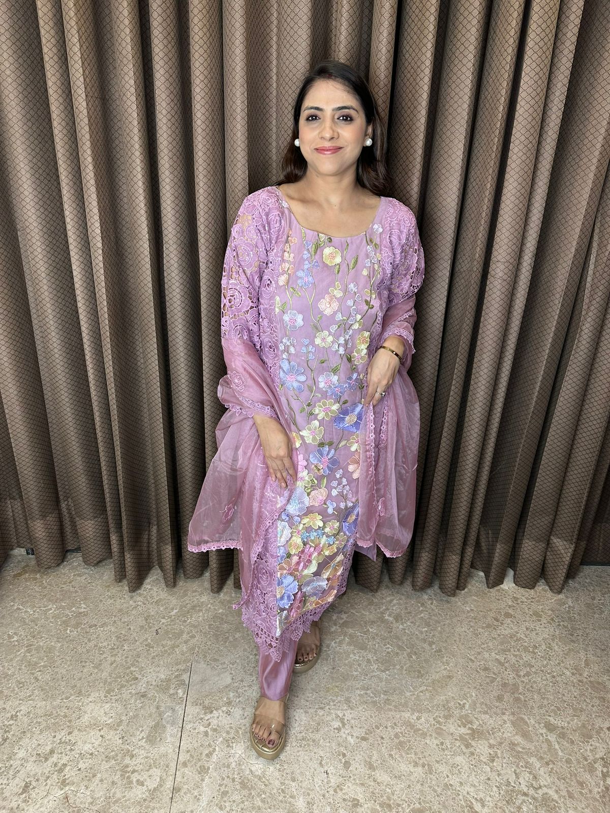 Lavender Floral Embroidered Lace Kurta Set with Dupatta