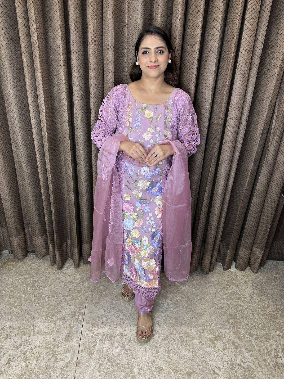 Lavender Floral Embroidered Lace Kurta Set with Dupatta