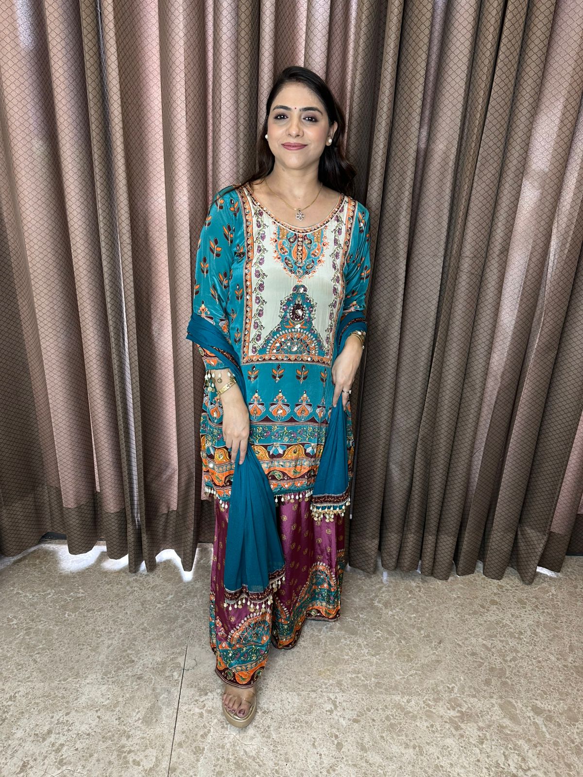 Teal & Wine Multicolor Printed Co-ord Set with Dupatta