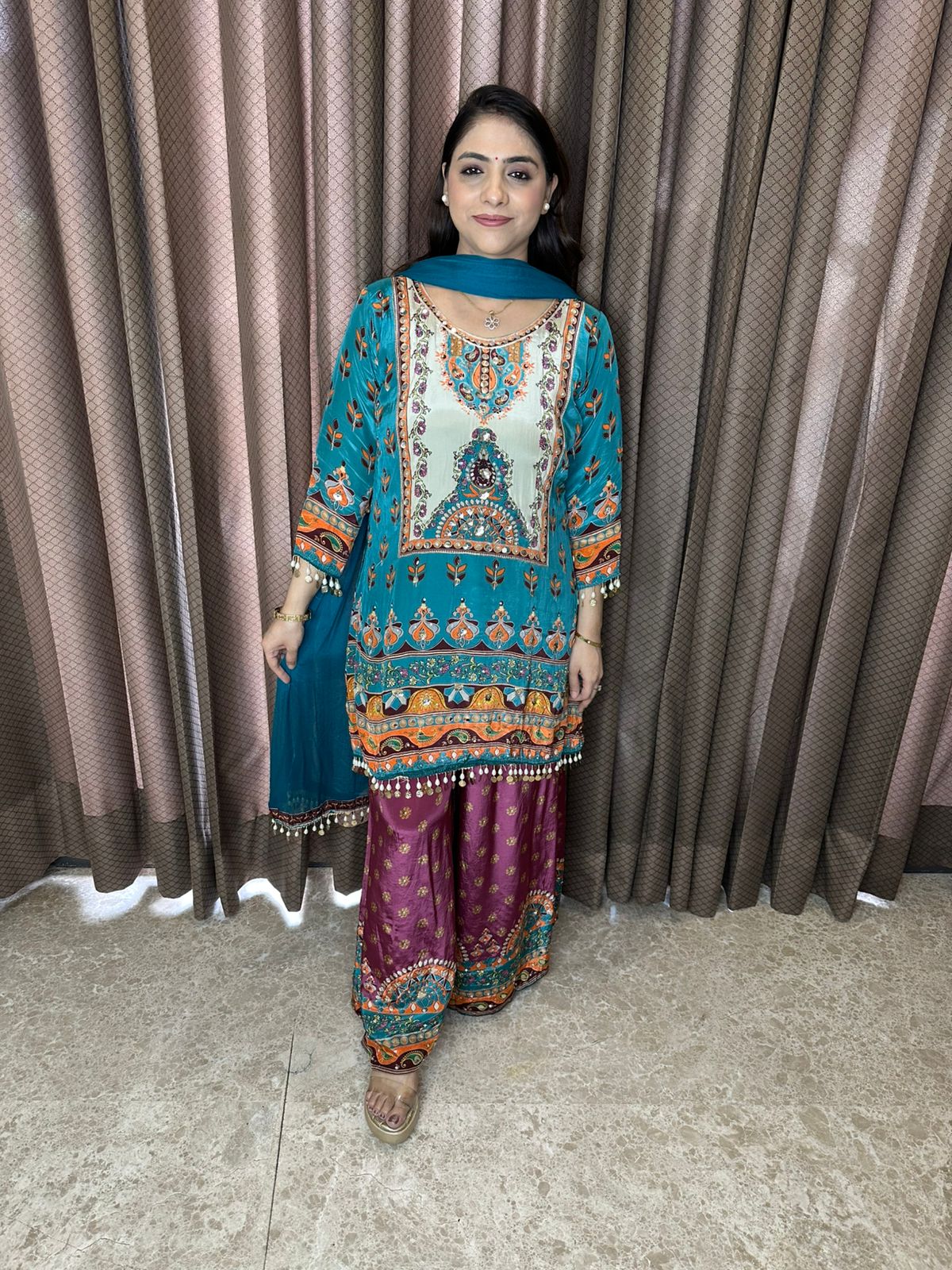 Teal & Wine Multicolor Printed Co-ord Set with Dupatta