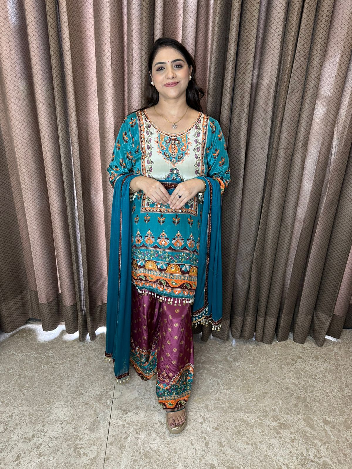 Teal & Wine Multicolor Printed Co-ord Set with Dupatta