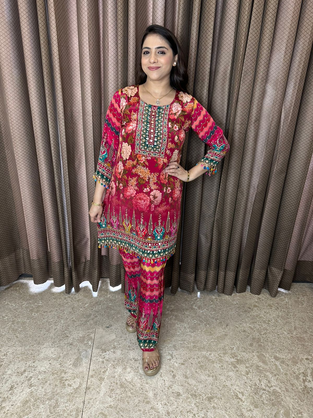 Crimson Multicolor Floral Printed Co-ord Set with Dupatta