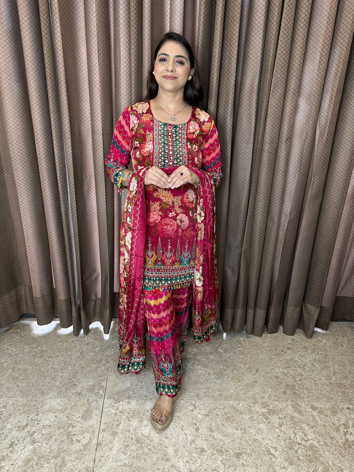 Crimson Multicolor Floral Printed Co-ord Set with Dupatta