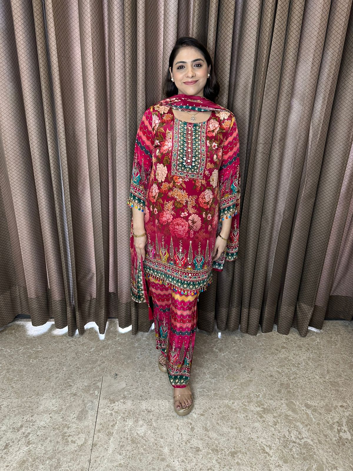 Crimson Multicolor Floral Printed Co-ord Set with Dupatta