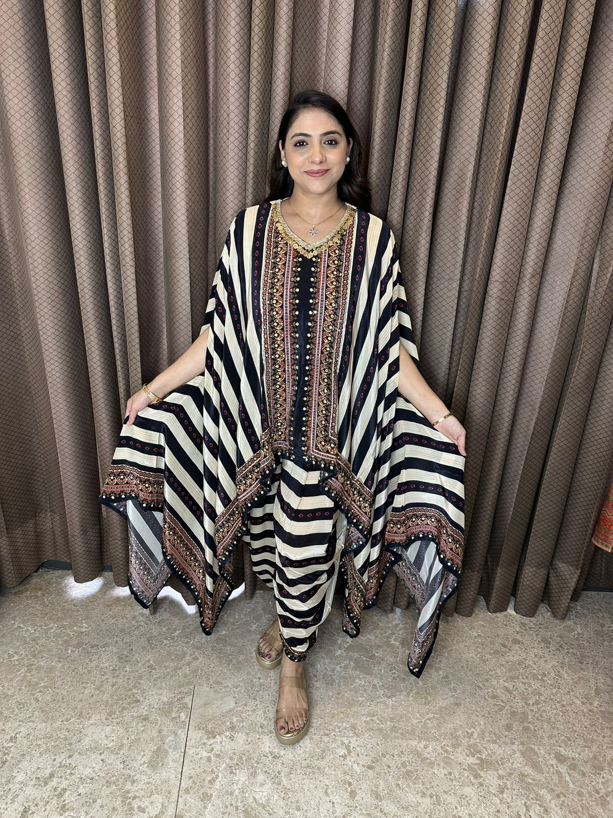 Black & White Striped Kaftan Style Co-ord Set with Ethnic Detailing