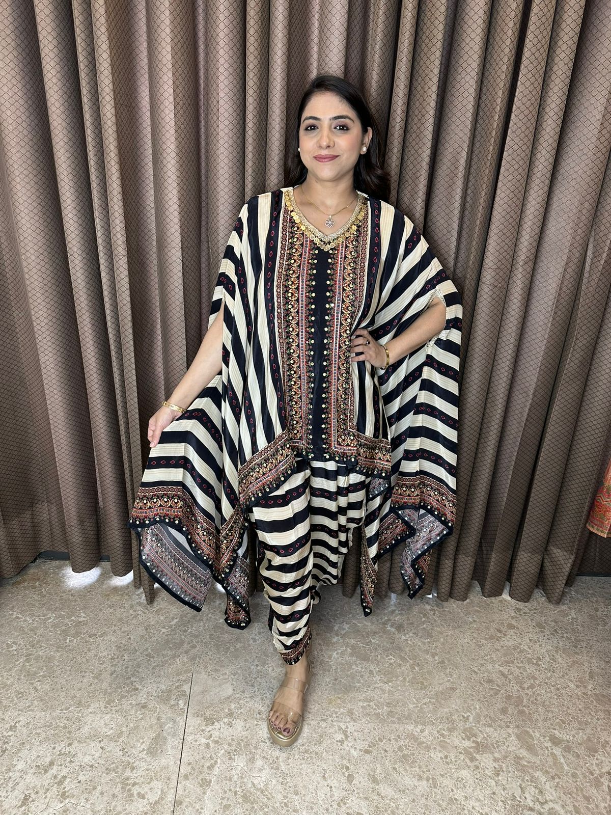 Black & White Striped Kaftan Style Co-ord Set with Ethnic Detailing