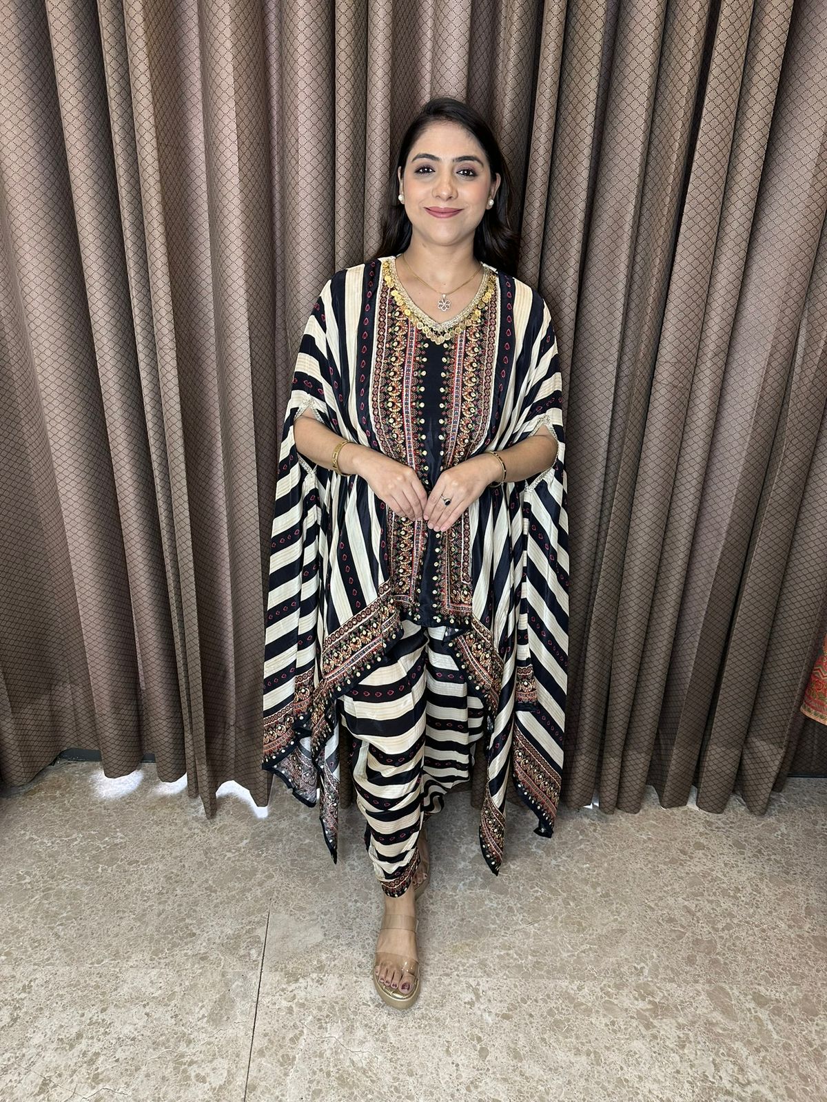 Black & White Striped Kaftan Style Co-ord Set with Ethnic Detailing