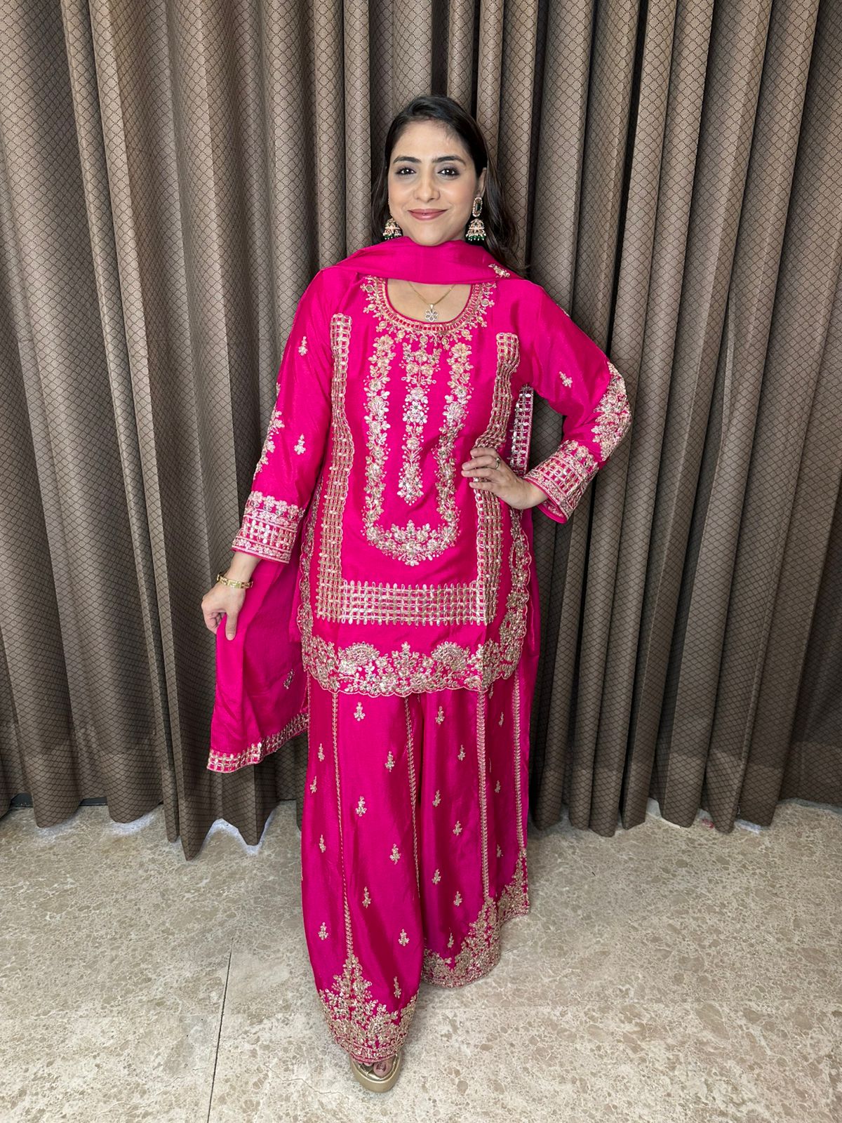 Rani Pink Heavy Embroidered Sharara Suit Set with Dupatta